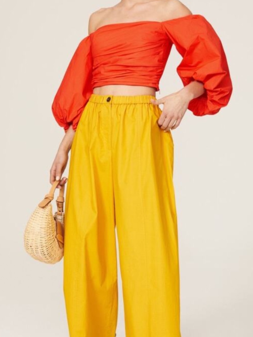 Tanya Taylor Off-Shoulder Puff Sleeve Crop Top in Red-Orange